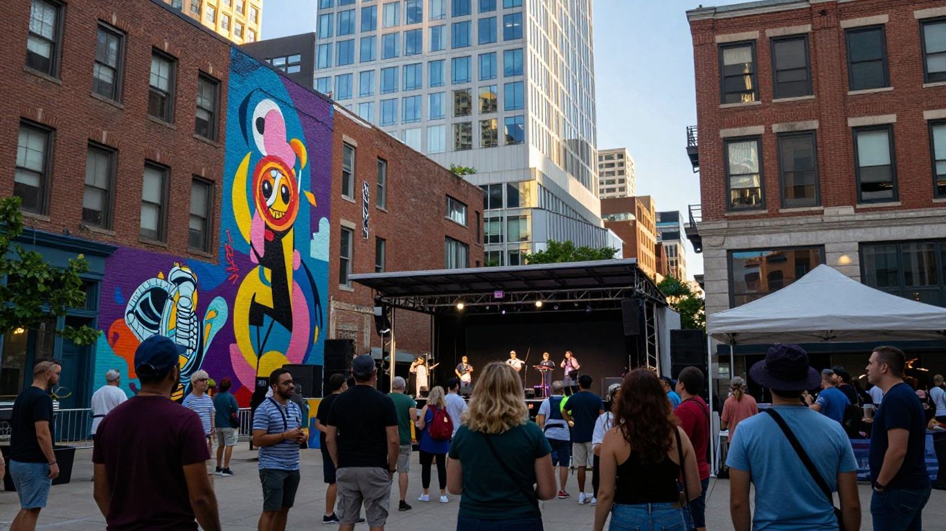 Vibrant Twin Cities cityscape with murals and outdoor performance.