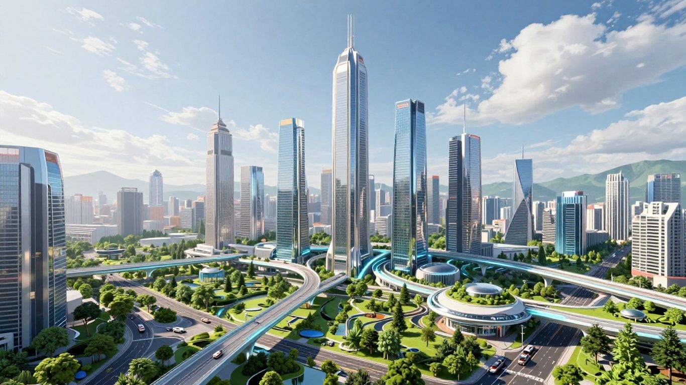 Futuristic city drawing with skyscrapers and skybridges.