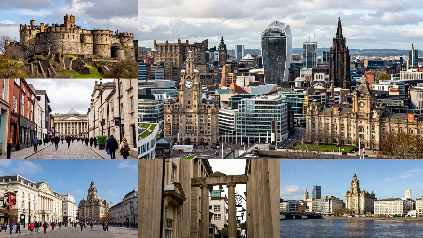UK city skylines and landmarks from different regions.