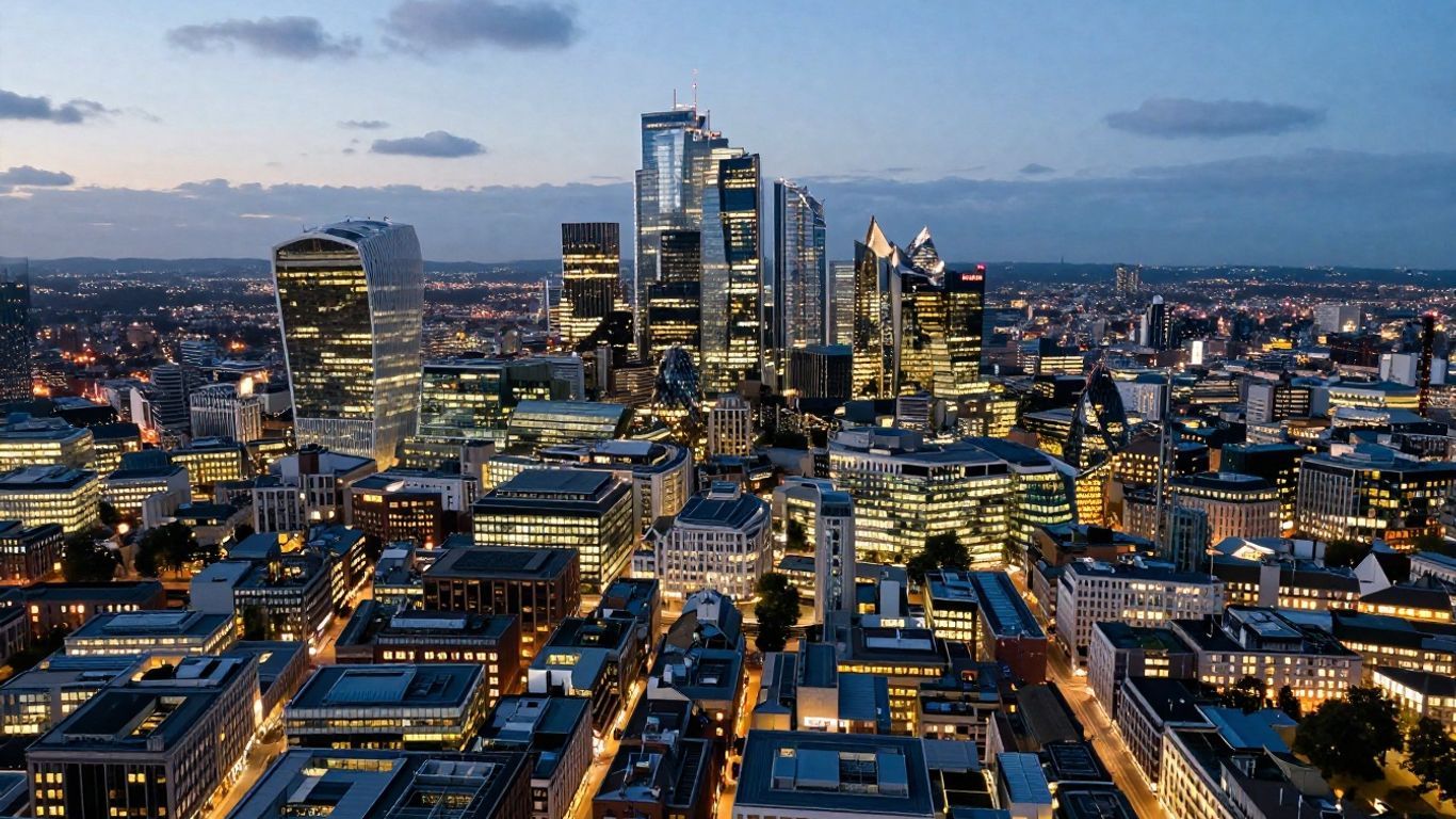 UK city skyline at dusk with illuminated skyscrapers.