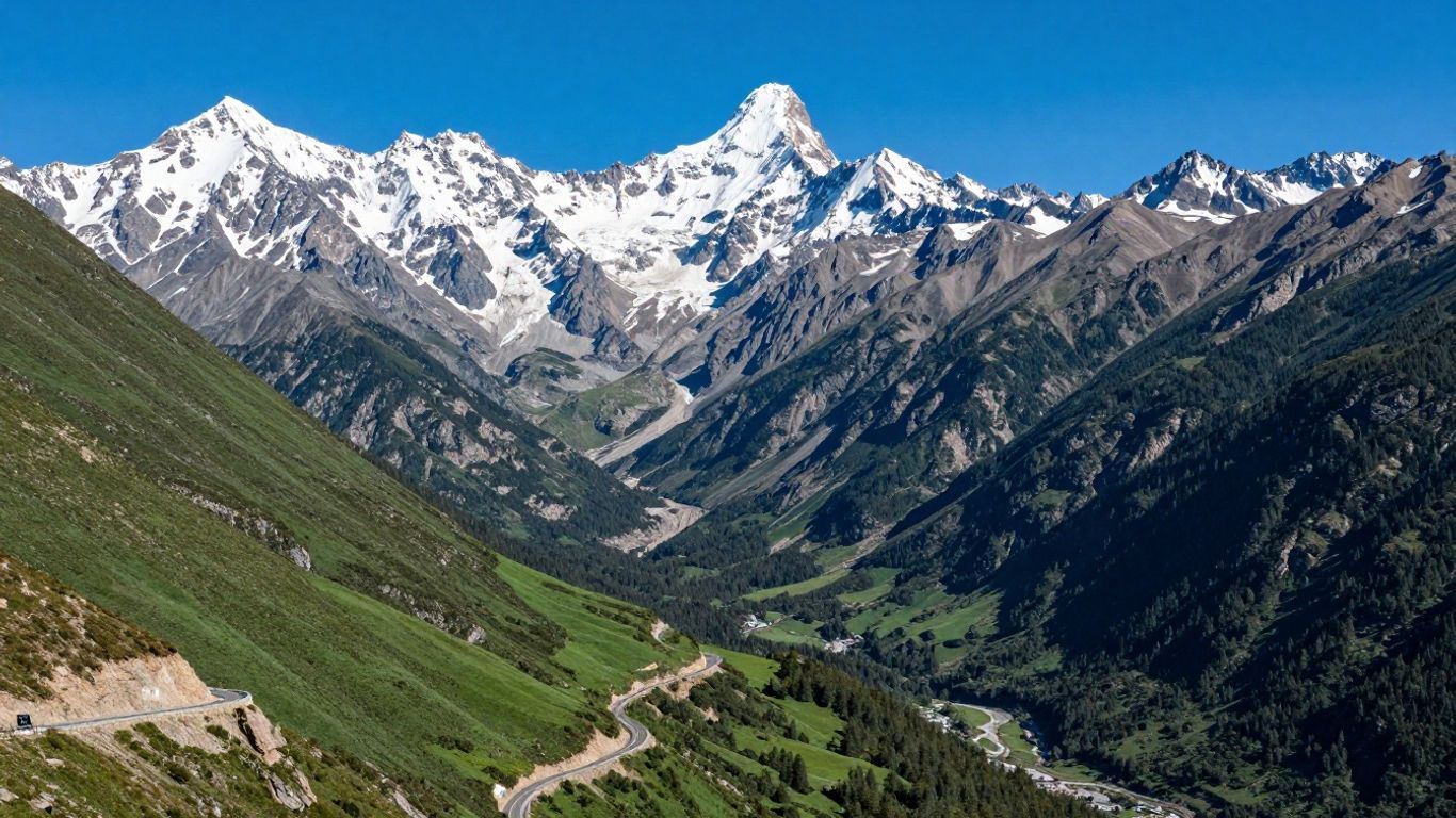 Sierra Nevada mountains and a winding road in California.