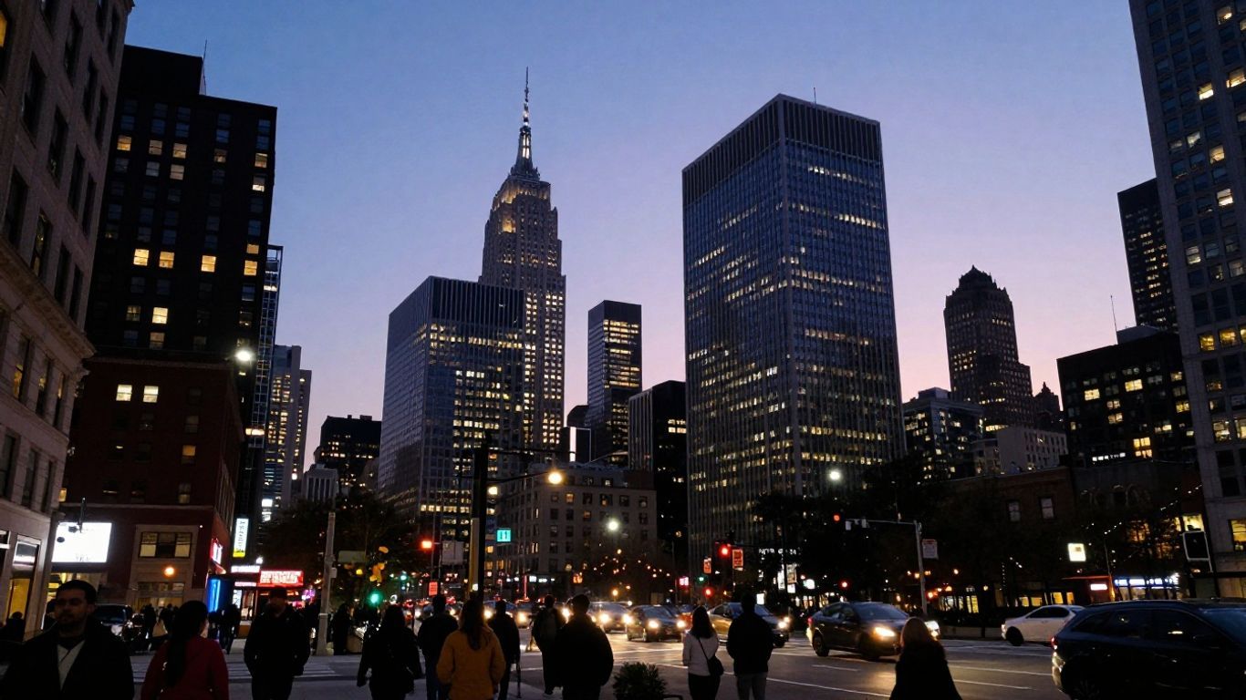 US cities skyline with people on streets.