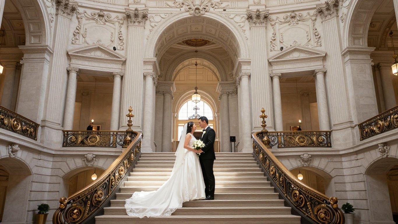San Francisco City Hall wedding ceremony with couple on staircase.