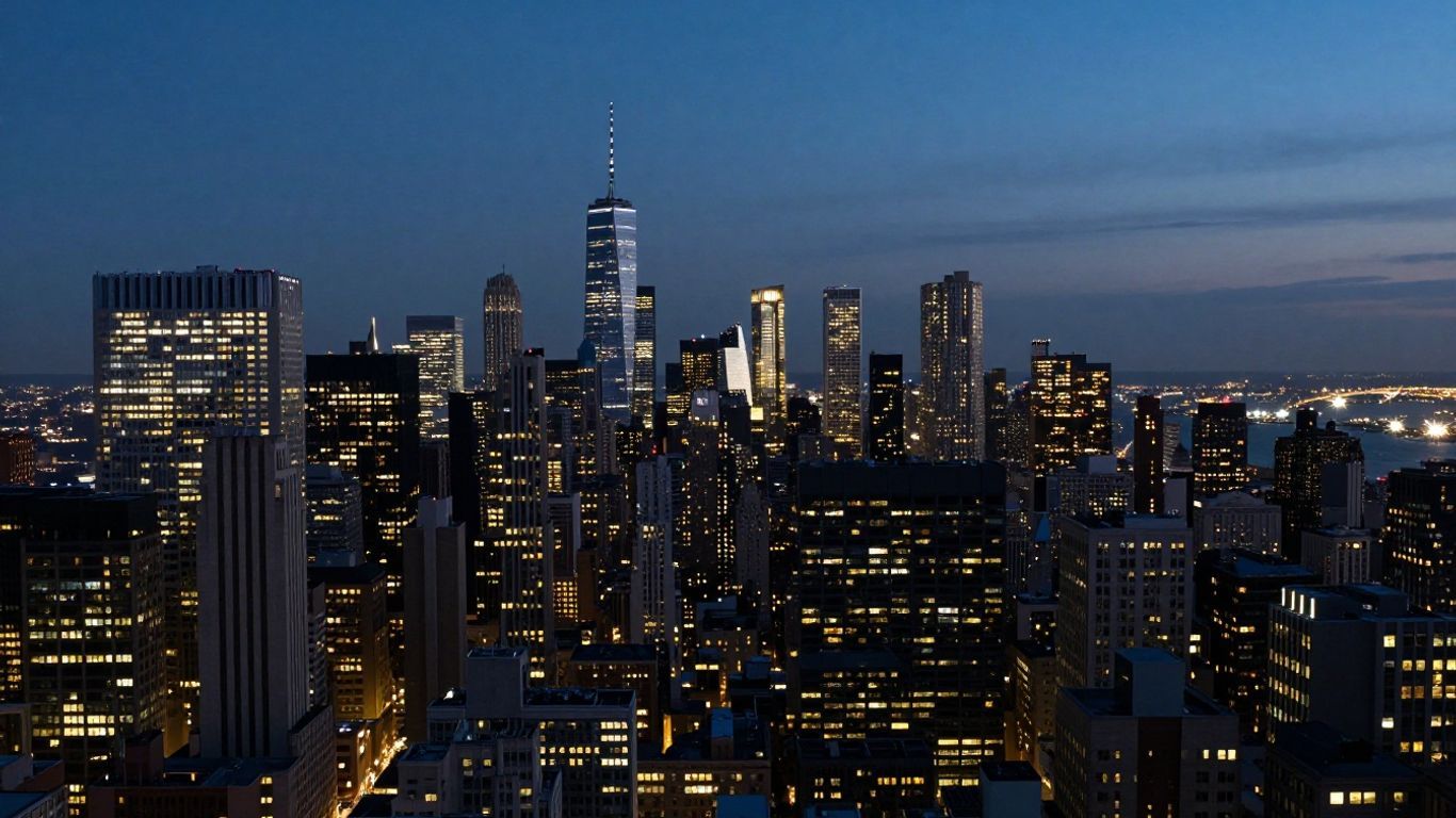 Skyscrapers and city lights at dusk