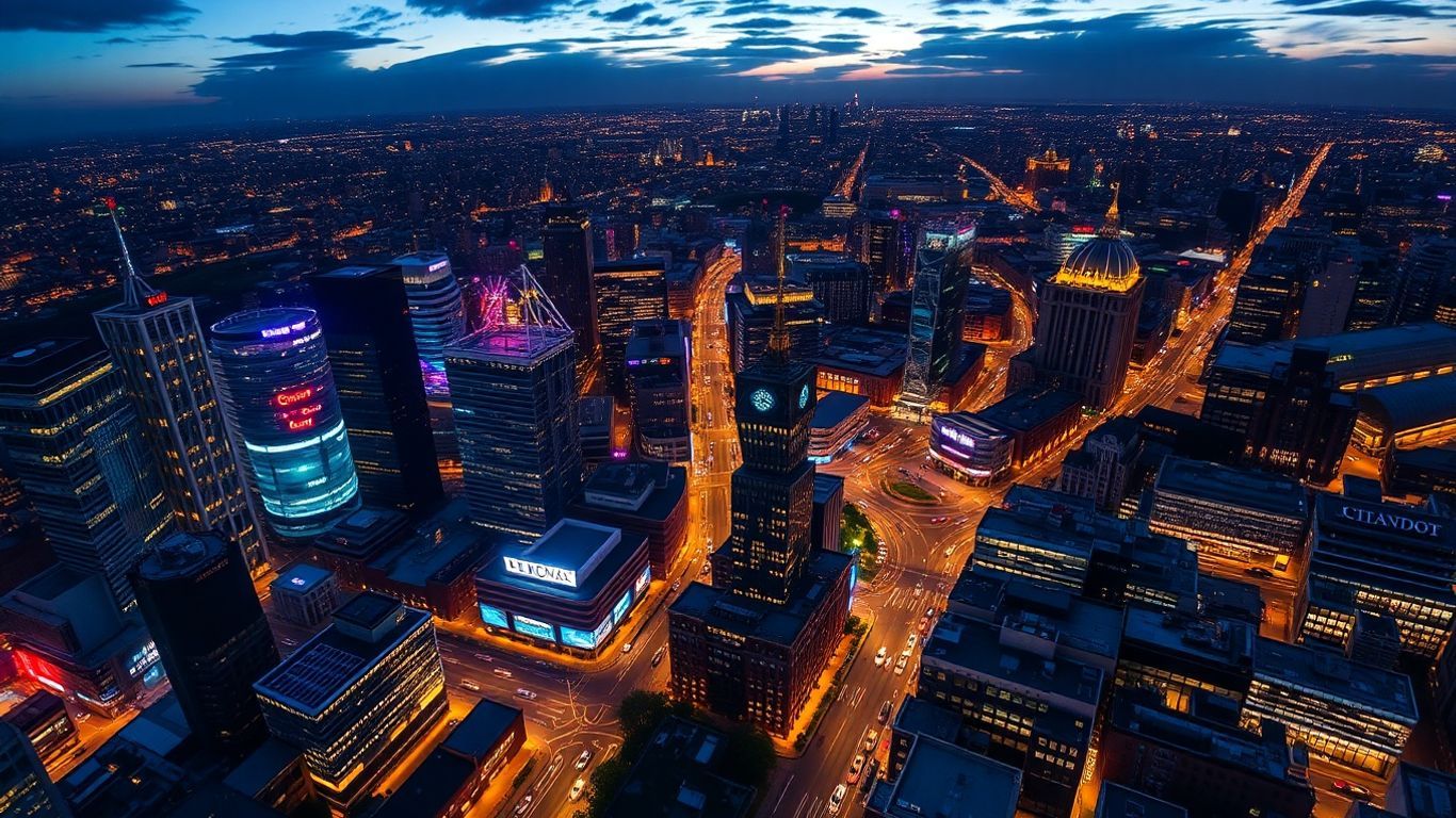 UK cityscape at dusk with illuminated skyscrapers and busy streets.