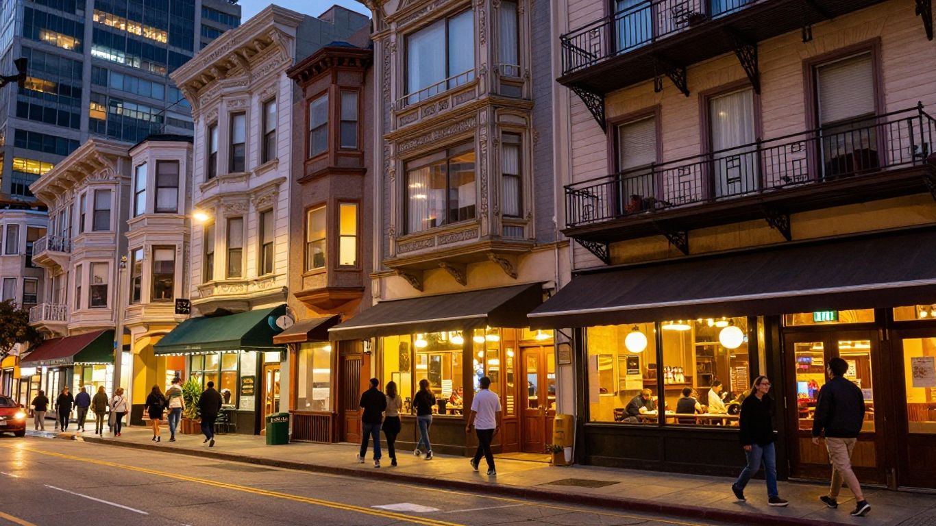 San Francisco cityscape with glowing restaurants at dusk.