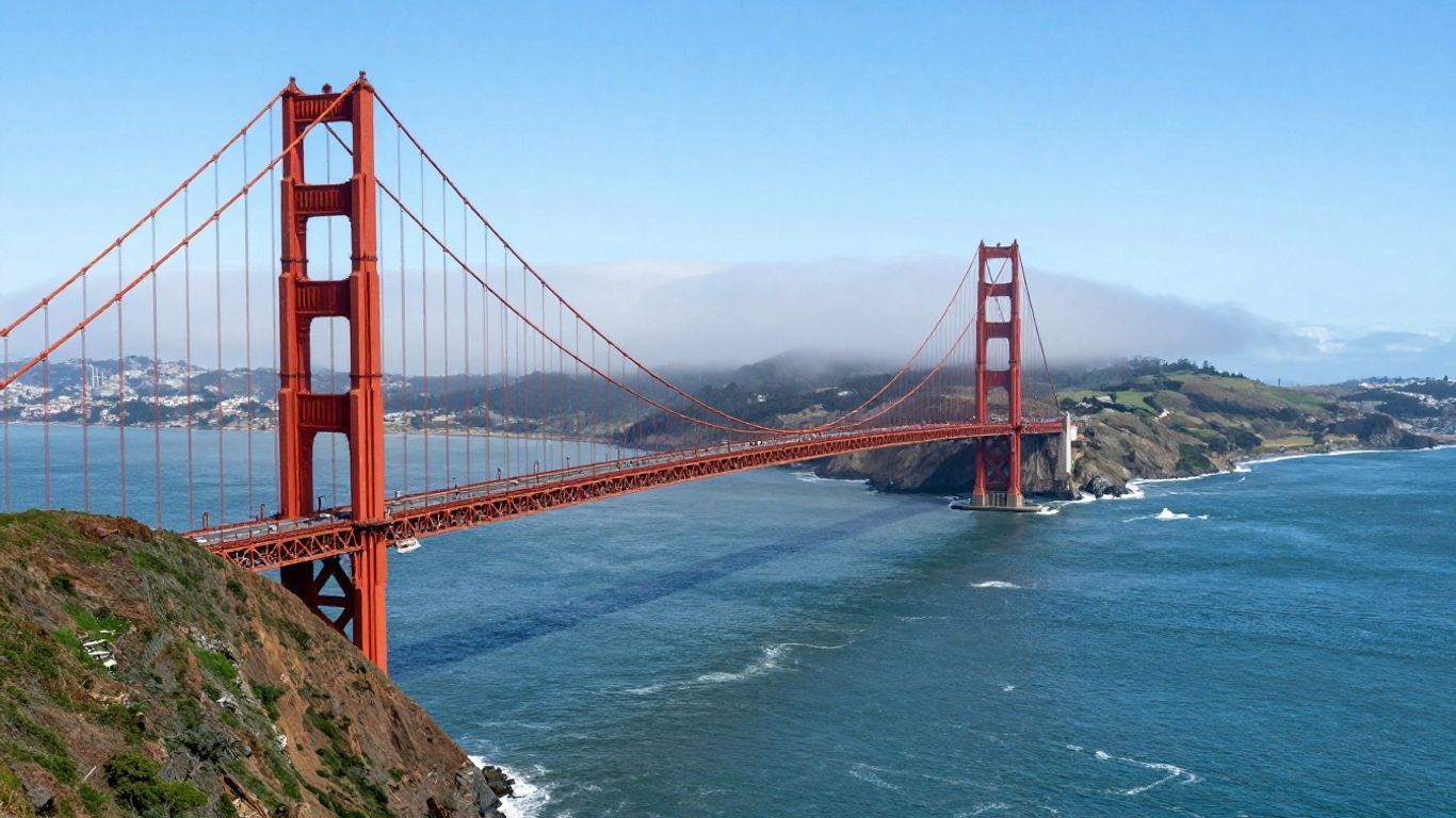 Golden Gate Bridge with Marin Headlands and ocean.