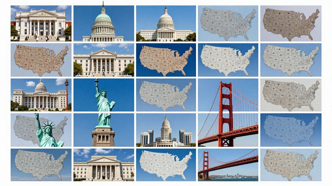 US states and capitals collage with Missouri highlighted.
