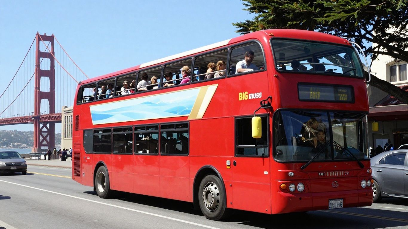 Big Bus Tours San Francisco double-decker bus with landmarks.