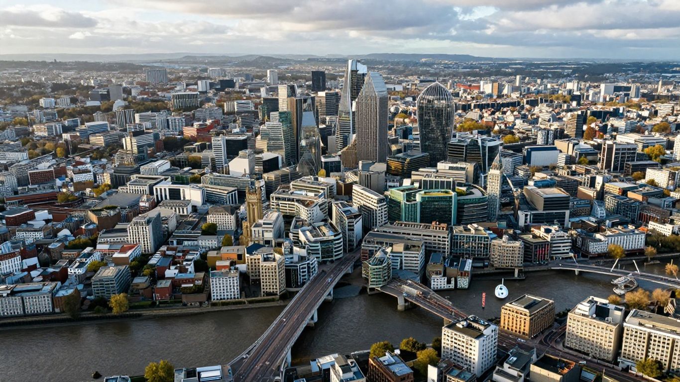 Aerial view of UK cities with skylines and rivers.