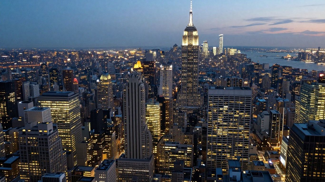 Aerial view of a glowing American megacity skyline at dusk.