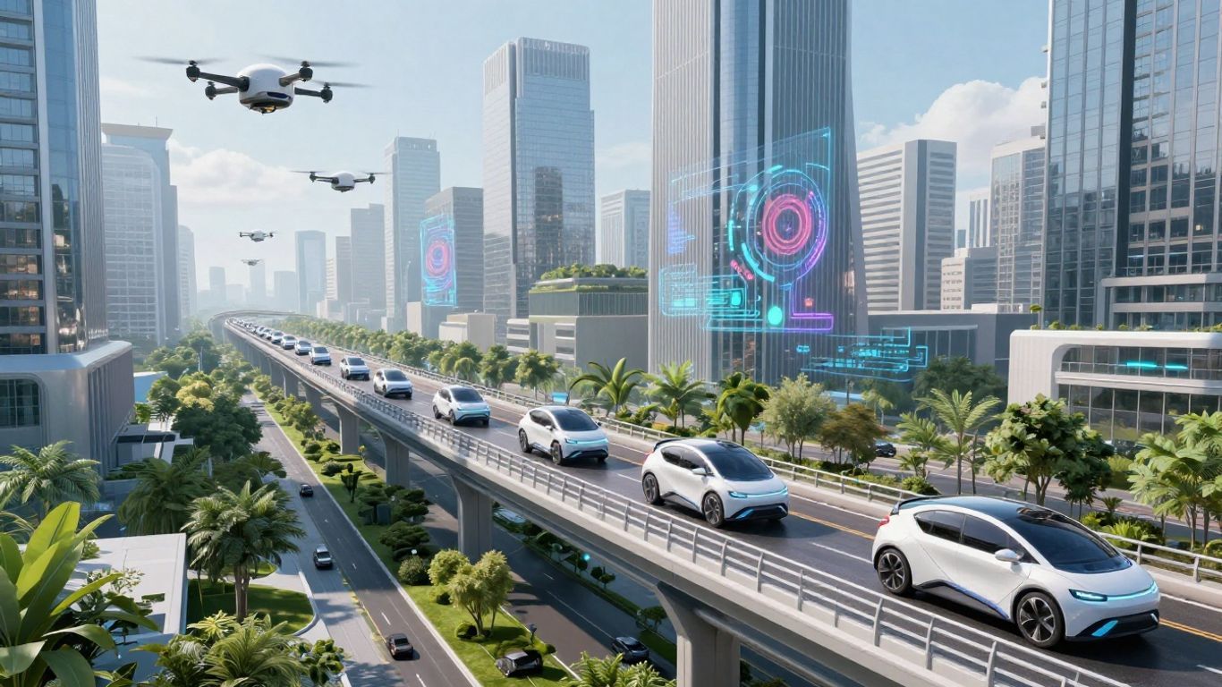 Futuristic California cityscape with autonomous vehicles and drones.
