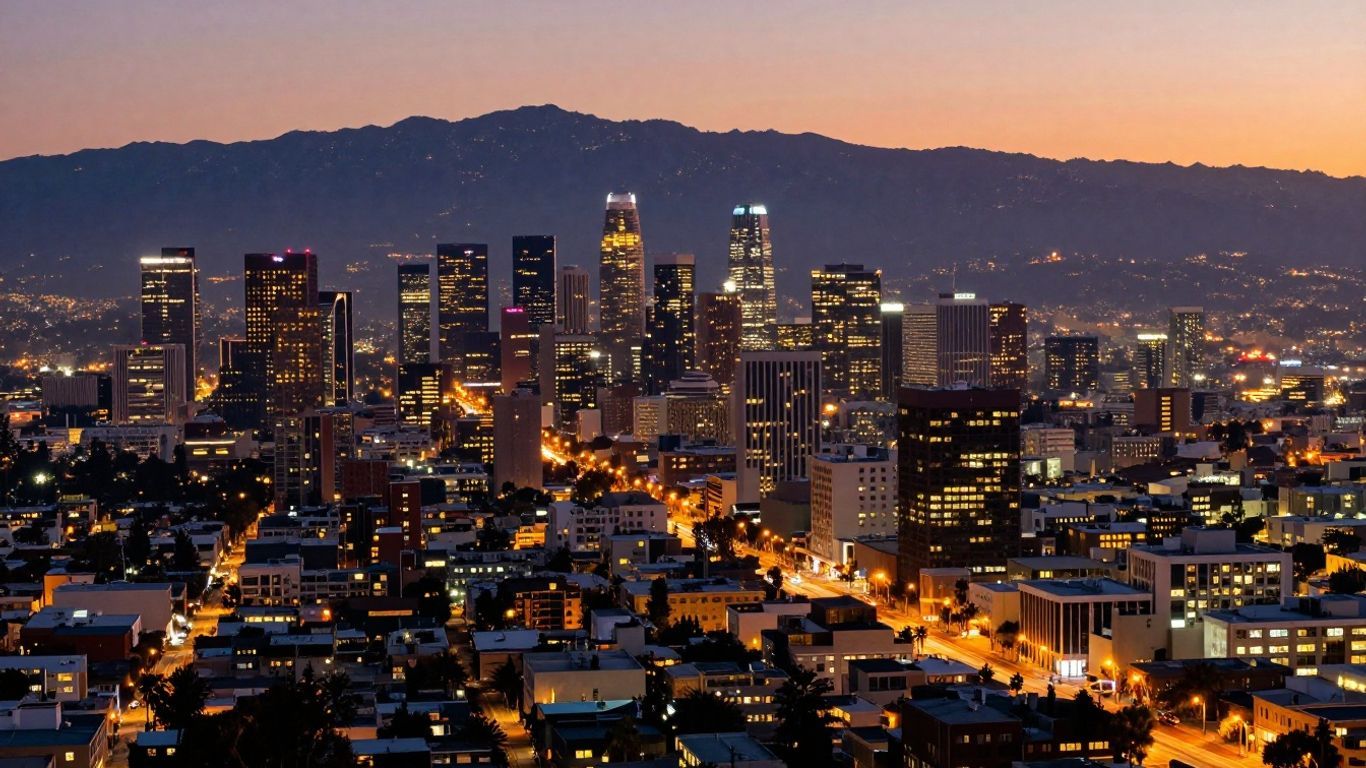 Los Angeles cityscape at dusk with mountains