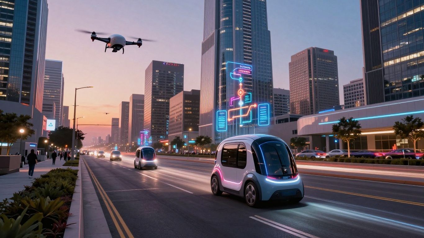 Los Angeles smart city future with autonomous vehicles and drones.