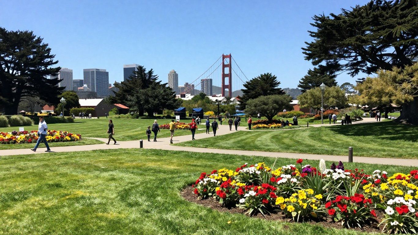 Golden Gate Park with flowers, trees, and city skyline.