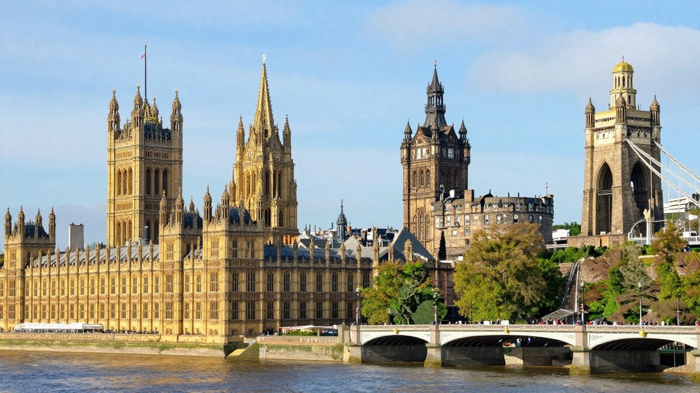 Iconic UK landmarks and cityscapes under bright daylight.