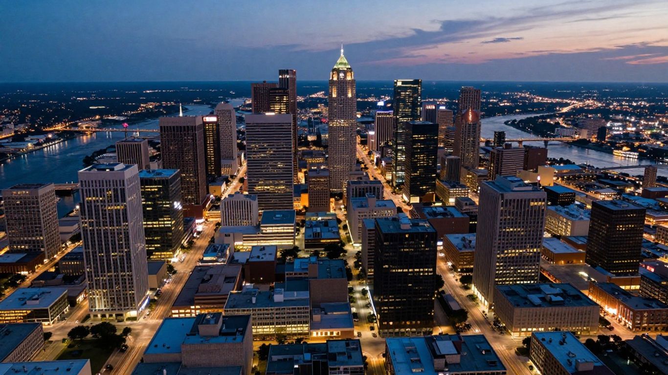 Texas cities skyline at dusk, population ranking.