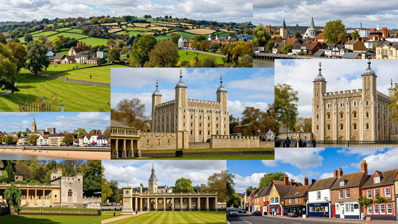 England's diverse cities: landmarks, coastlines, and Roman history.