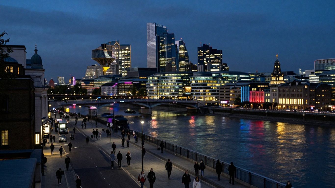 Vibrant UK city skyline at dusk with colorful lights.