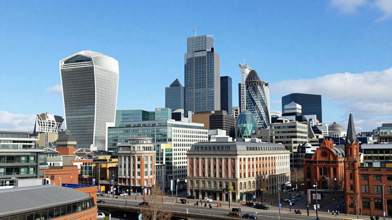Manchester skyline with modern buildings and streets.