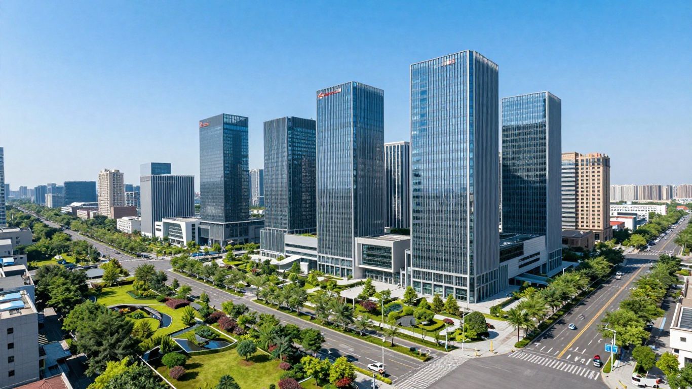 Modern cityscape with green spaces and roads.