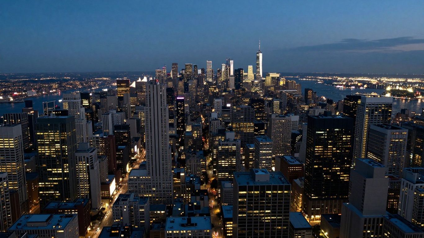 Aerial view of a major US city skyline at night.