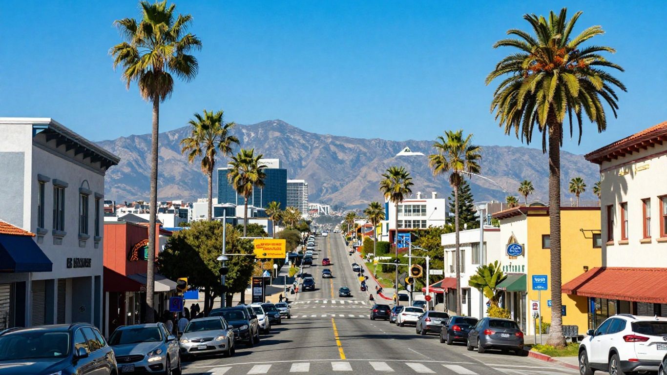 Vibrant California cityscape with iconic architecture and palm trees.