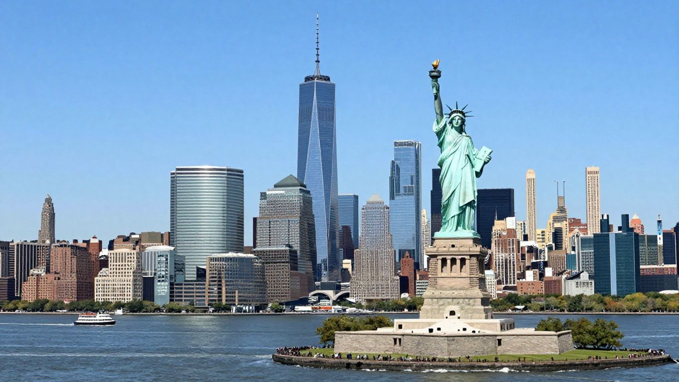 New York City skyline with Statue of Liberty.