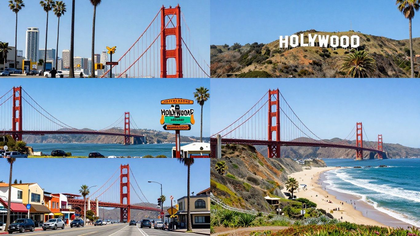 Diverse California cities collage with landmarks and cityscapes.