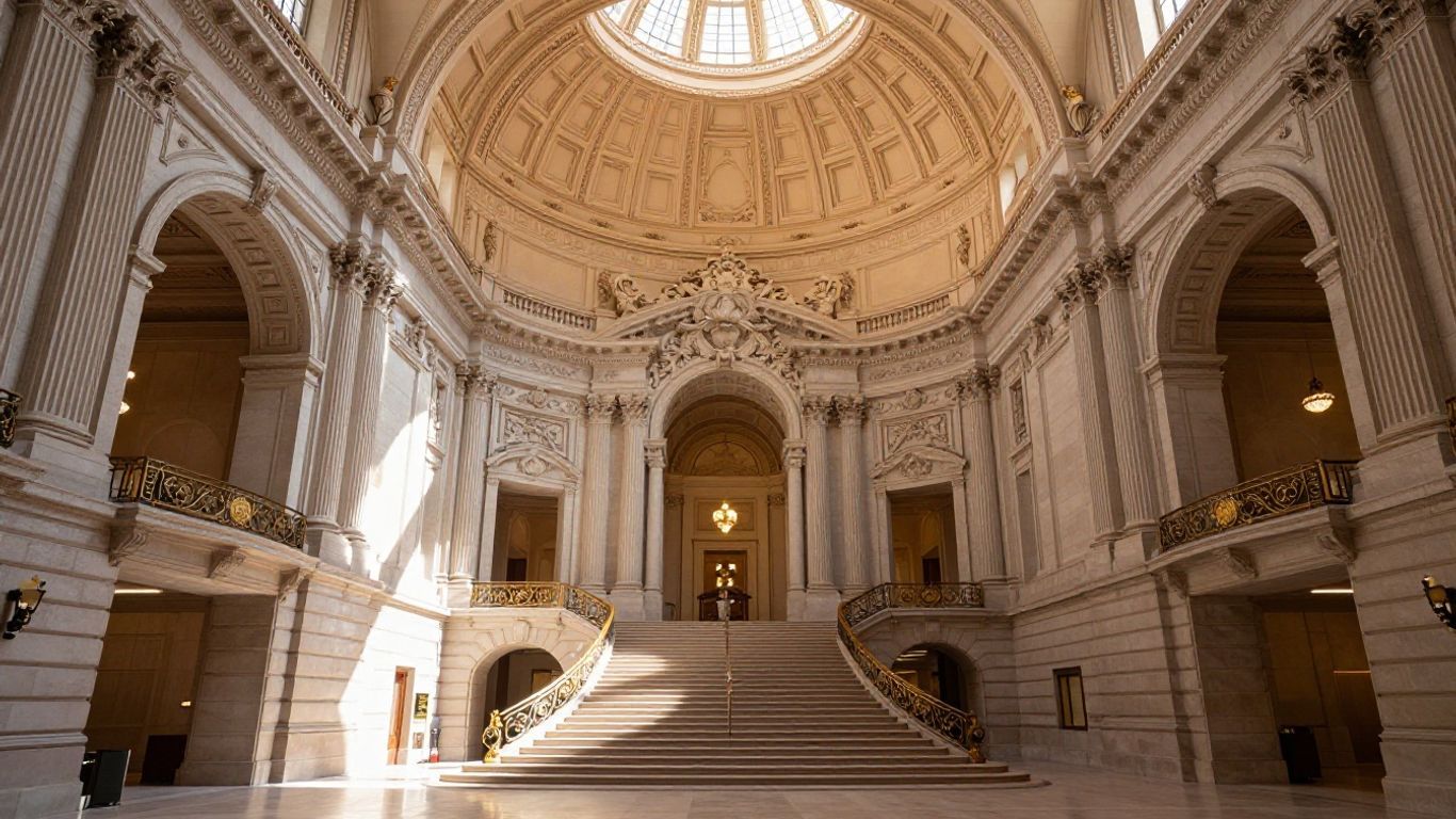 San Francisco City Hall rotunda interior with grand staircase.