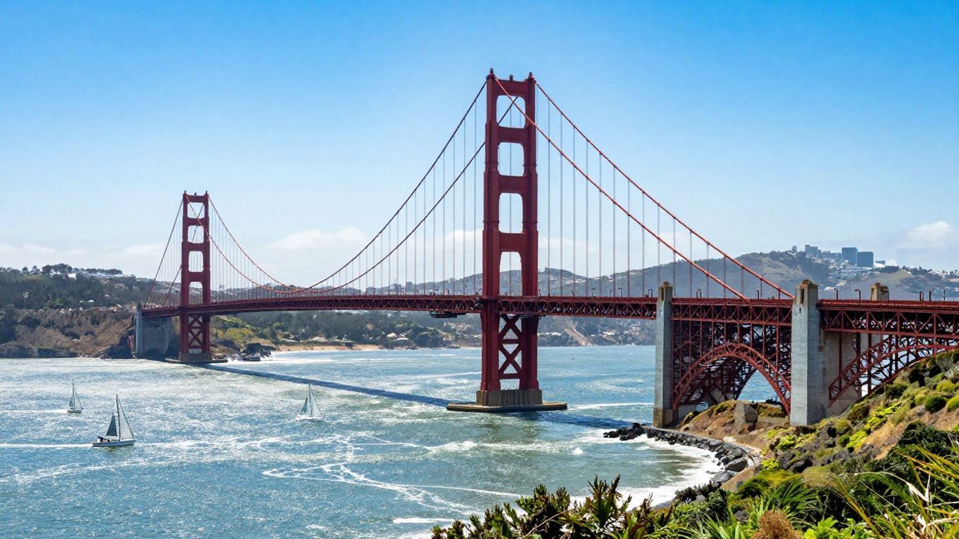 Golden Gate Bridge over San Francisco Bay with sailboats.