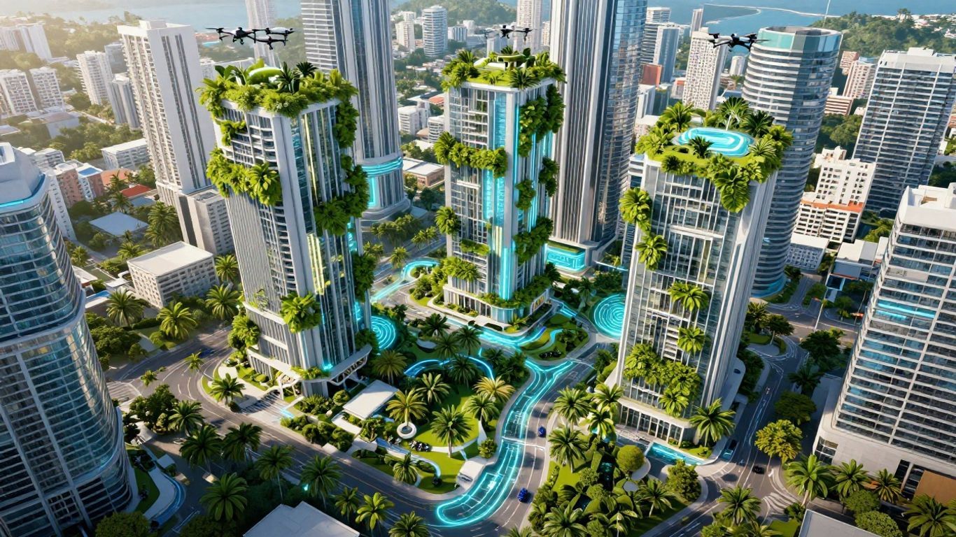 Futuristic Jamaican cityscape with modern buildings and green spaces.