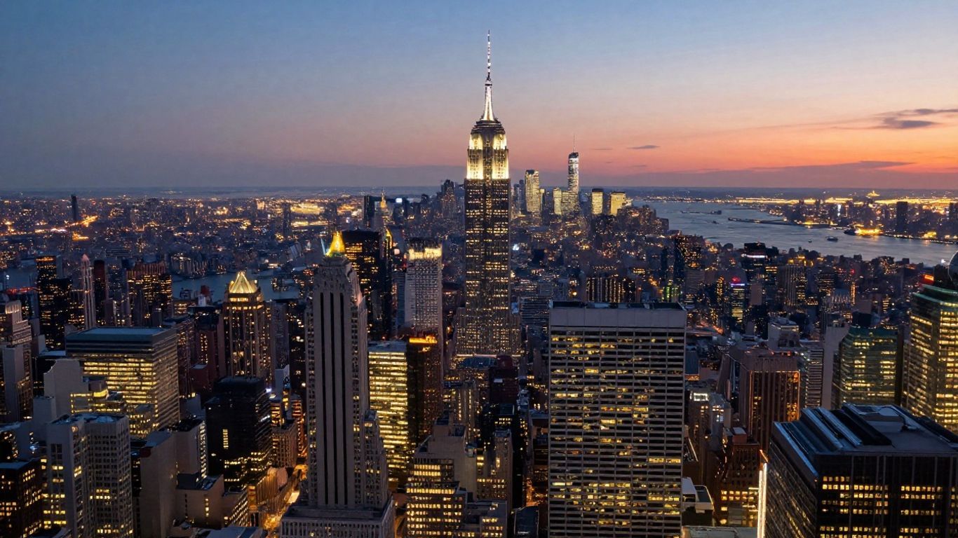 New York City skyline at dusk with illuminated streets and waterways.