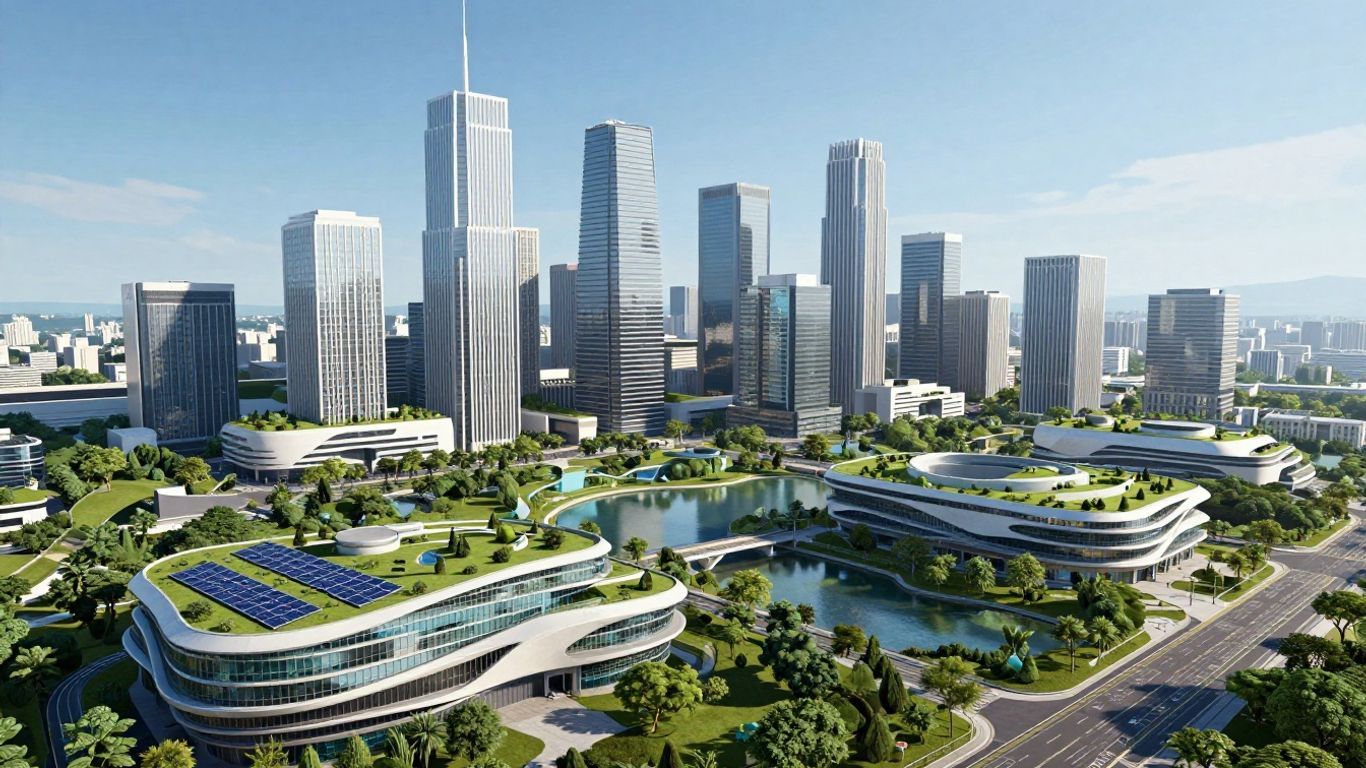 Futuristic smart city with modern buildings and green spaces.