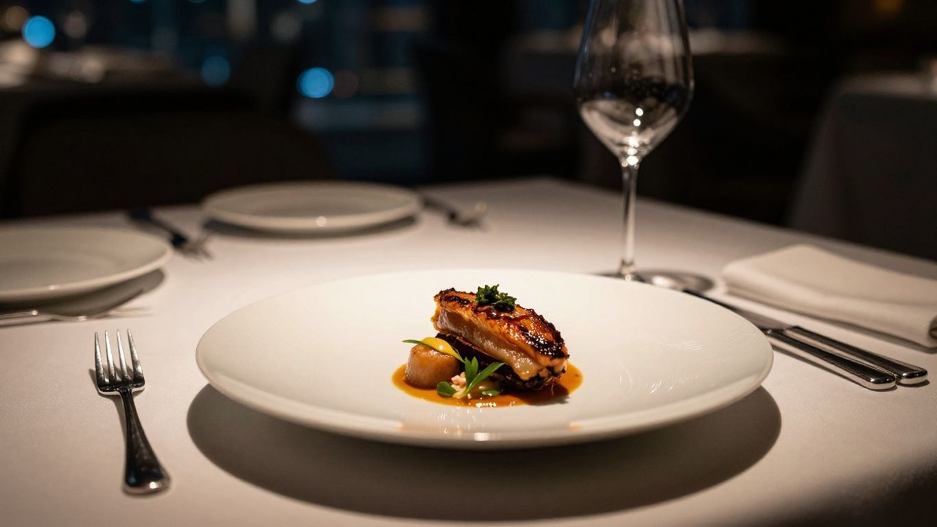 Elegant restaurant interior with a gourmet dish.
