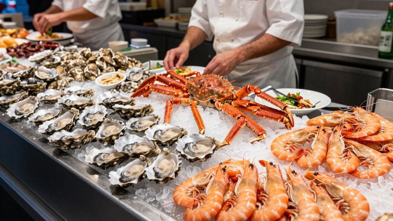 Fresh seafood display at Swan Oyster Depot