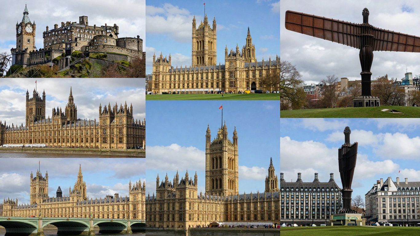 Iconic landmarks from major UK cities.