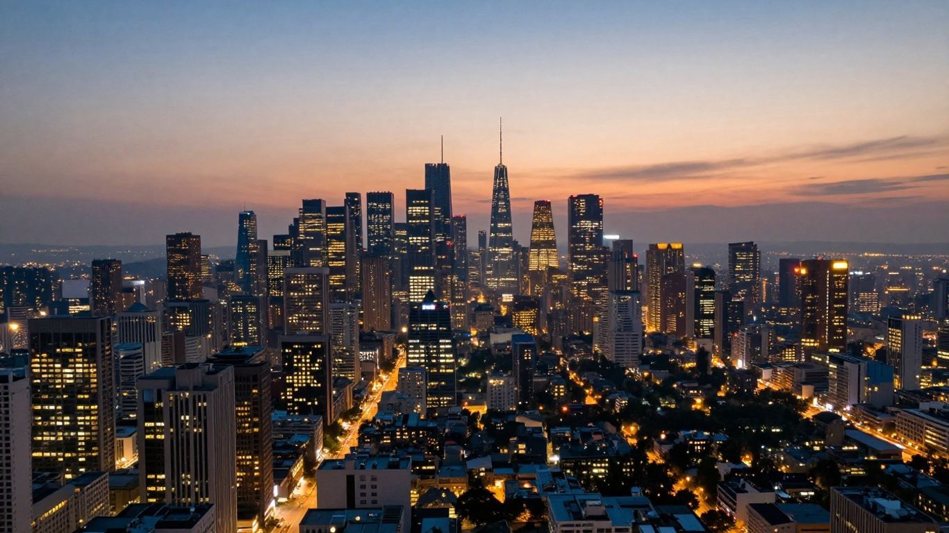 US cities skyline at dusk