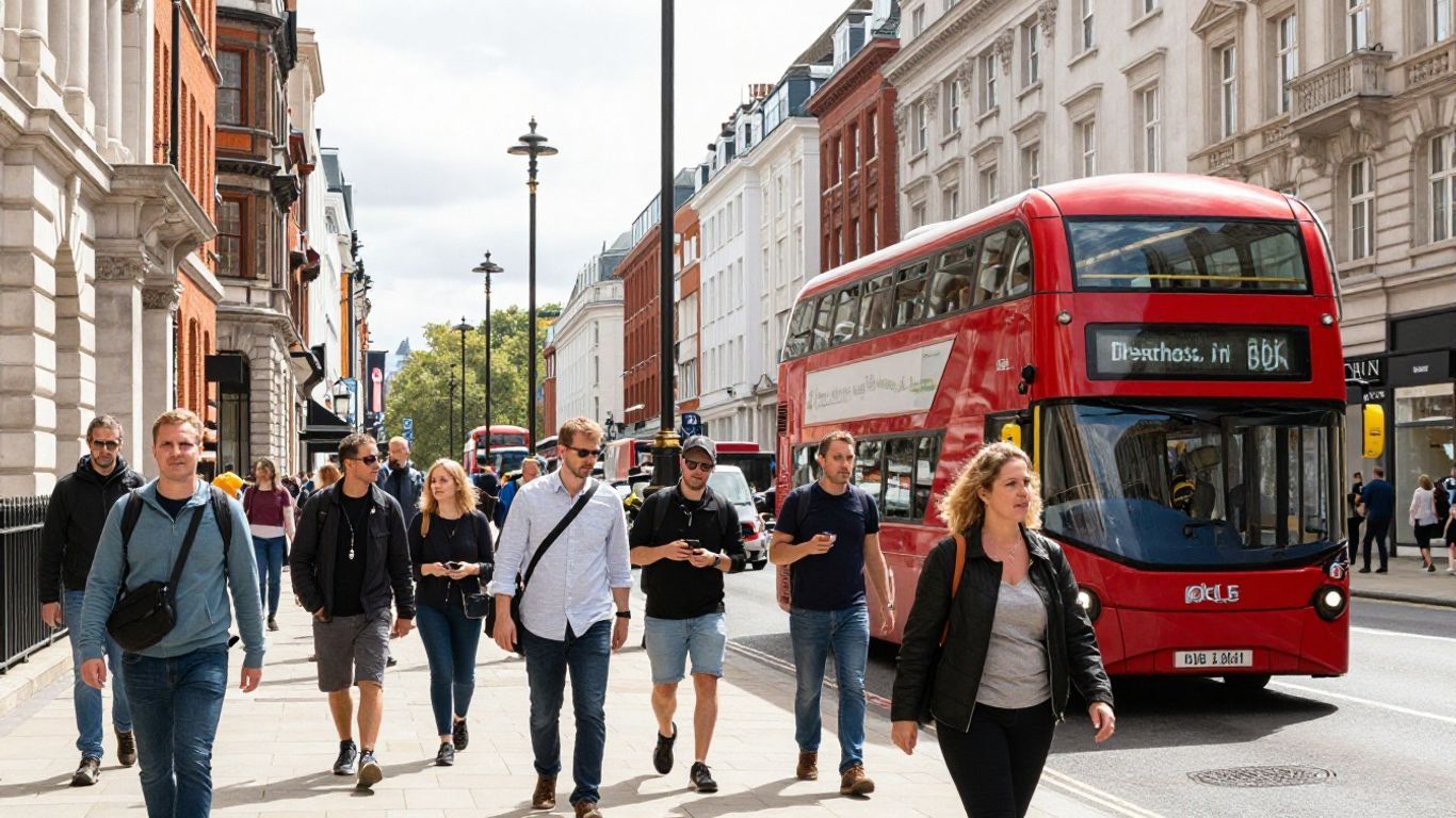 Diverse crowd in London with iconic red buses.
