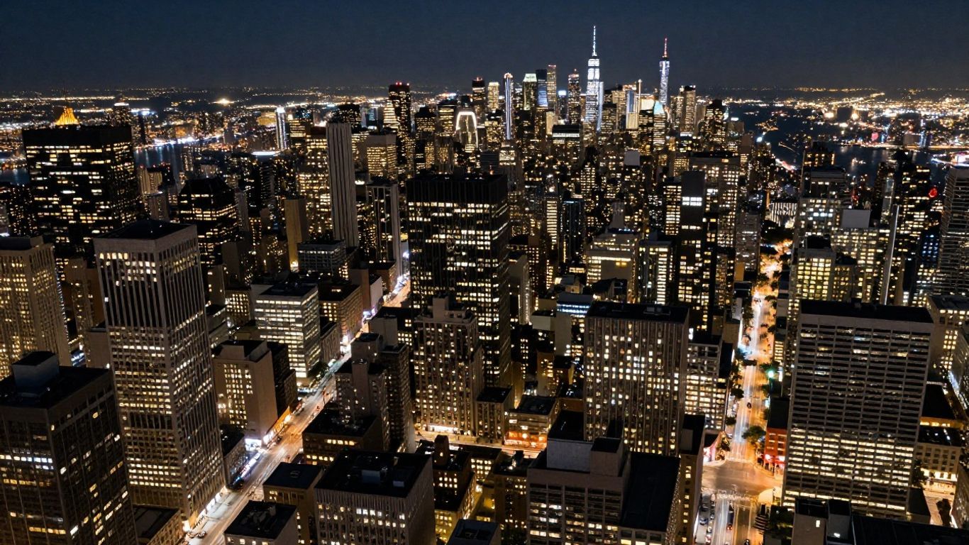 Aerial view of illuminated skyscrapers in a large American city at night.