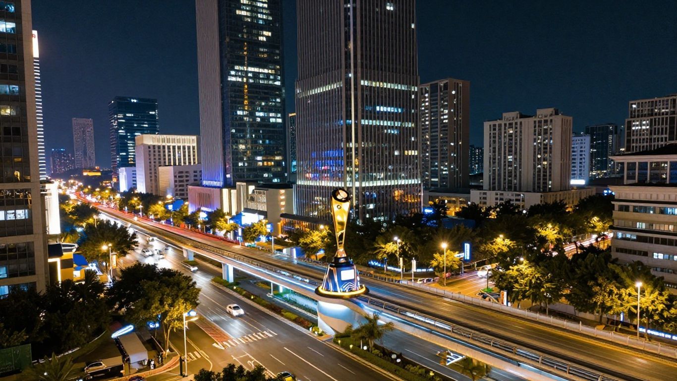 Smart city awards ceremony with trophies and cityscape.