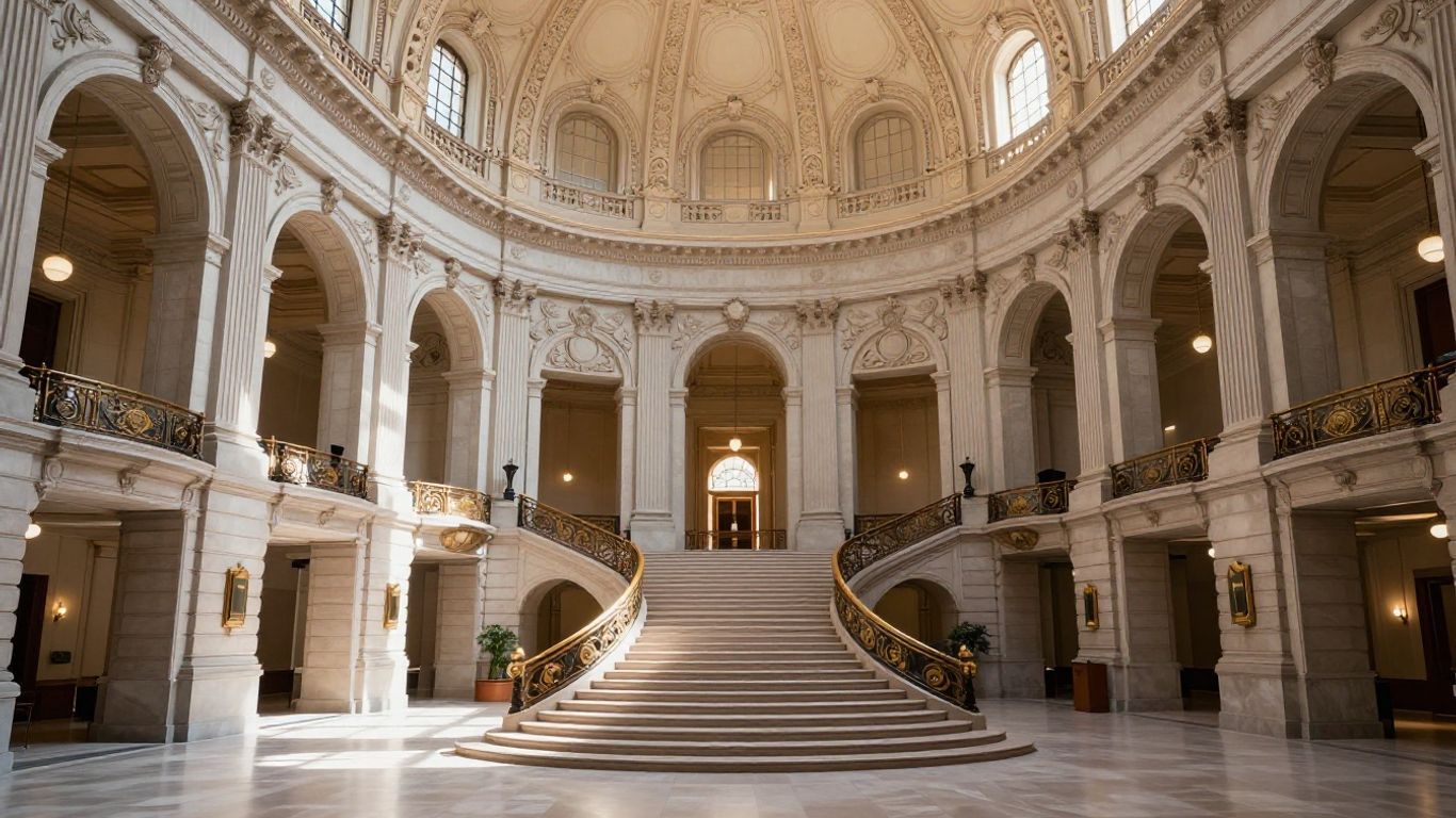 San Francisco City Hall rotunda interior with grand staircase.
