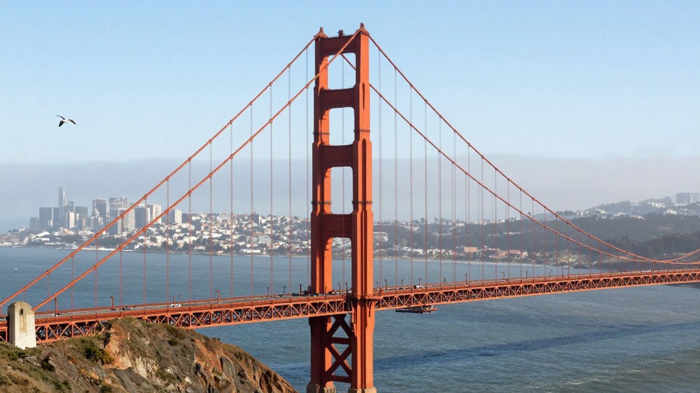 Golden Gate Bridge with ocean and city skyline