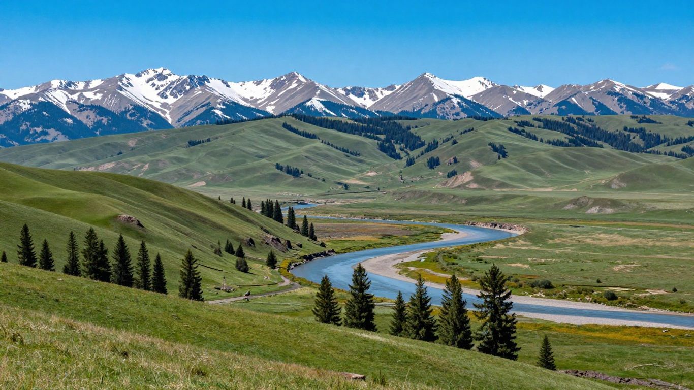Vast Montana landscape with mountains, hills, and a river.