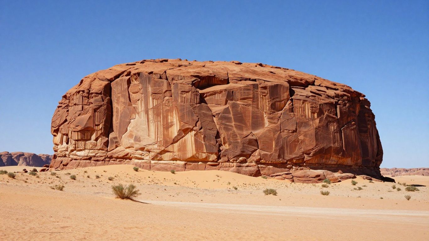 Massive sandstone monolith in a desert landscape.
