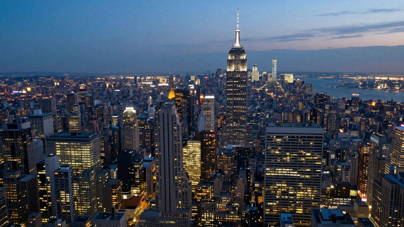 Aerial view of a sprawling, illuminated cityscape at dusk.