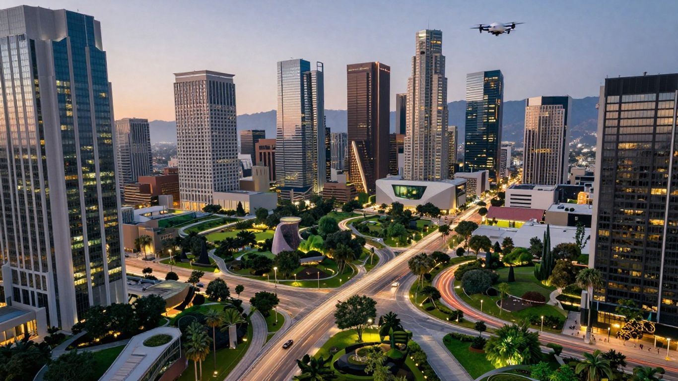 Futuristic Los Angeles cityscape with drones and illuminated pathways.