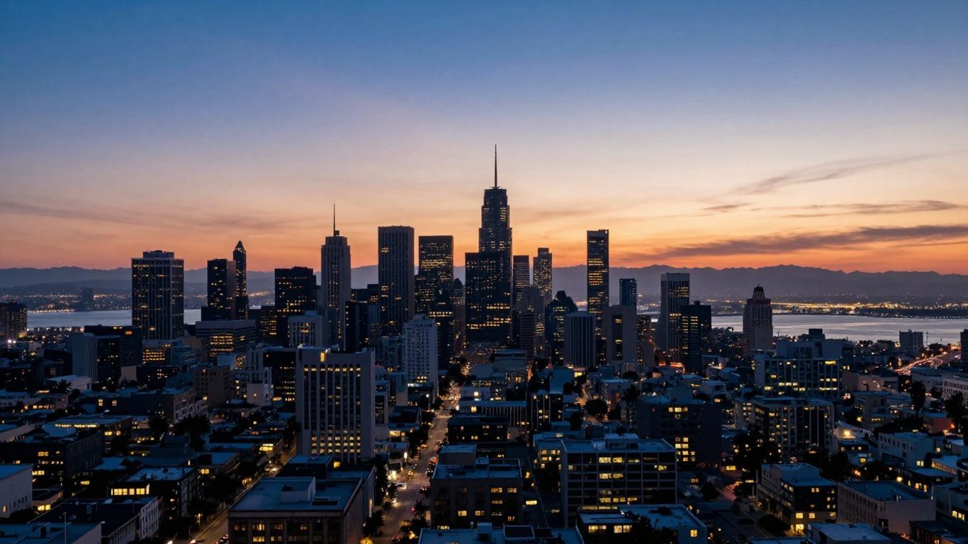California cityscape at dusk with skyscrapers and bay