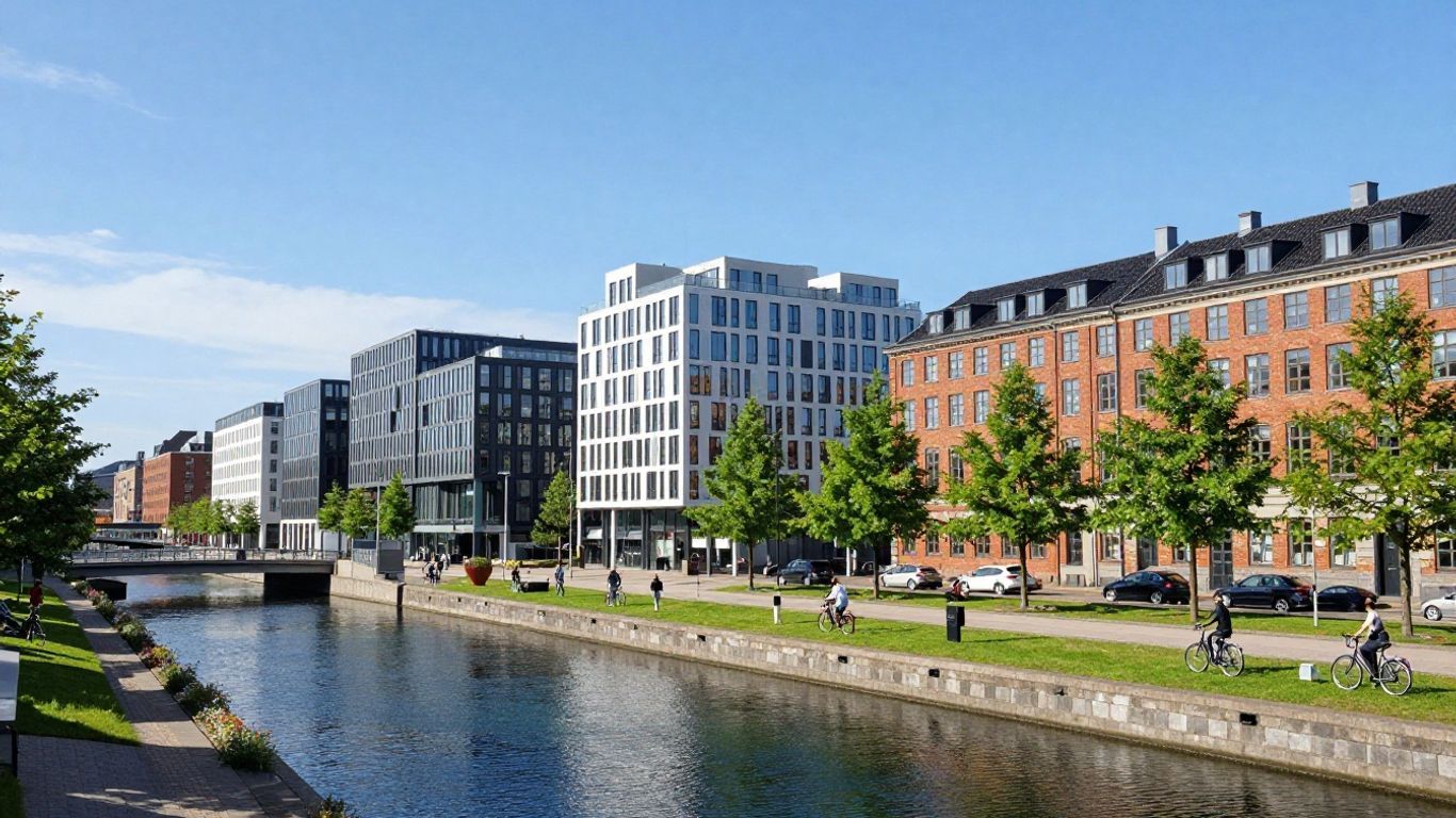Copenhagen cityscape with modern buildings and canals.