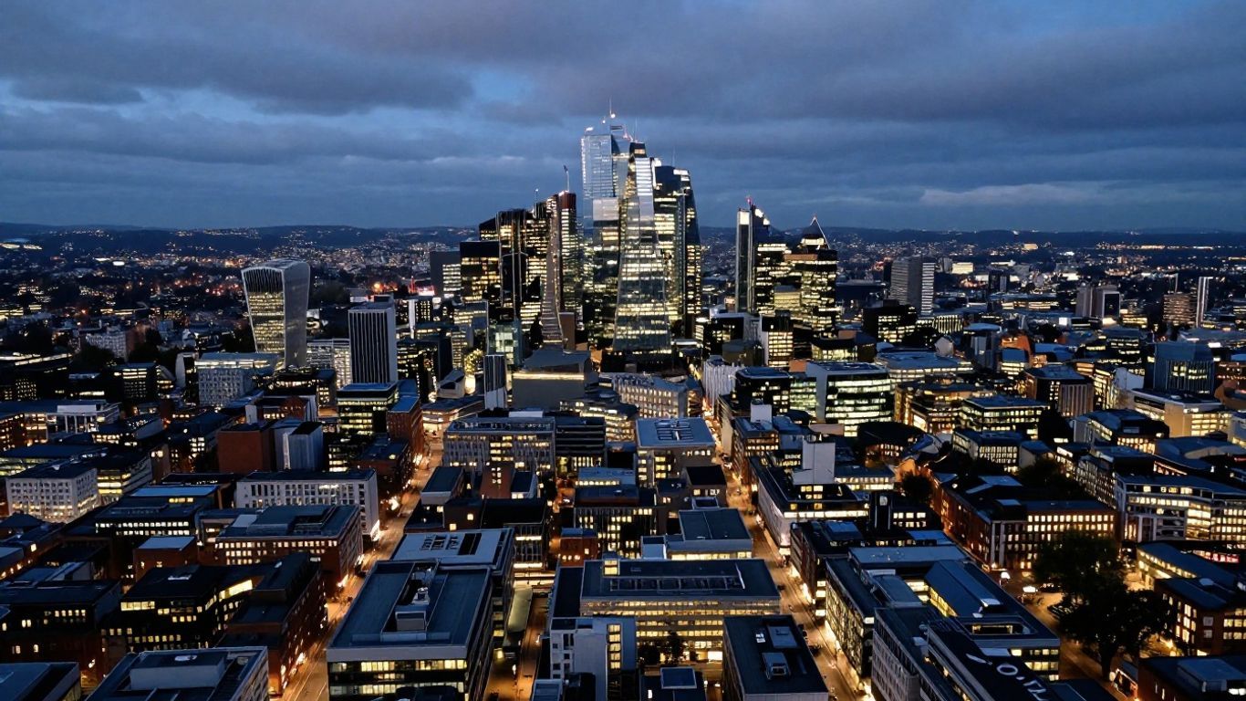 UK cityscape at dusk with illuminated skyscrapers and busy streets.